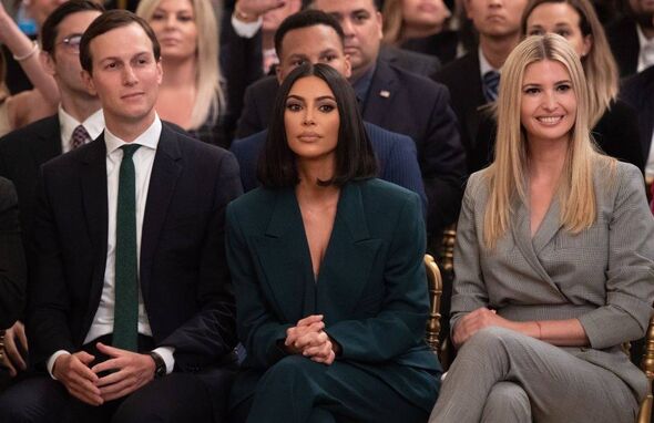 Kim Kardashian(C), Ivanka Trump(R) and Jared Kushner listen as US President Donald Trump speaks about  second chance hiring and 