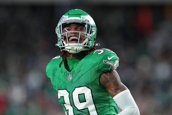 PHILADELPHIA, PENNSYLVANIA - OCTOBER 22: Eli Ricks #39 of the Philadelphia Eagles reacts against the Miami Dolphins at Lincoln F